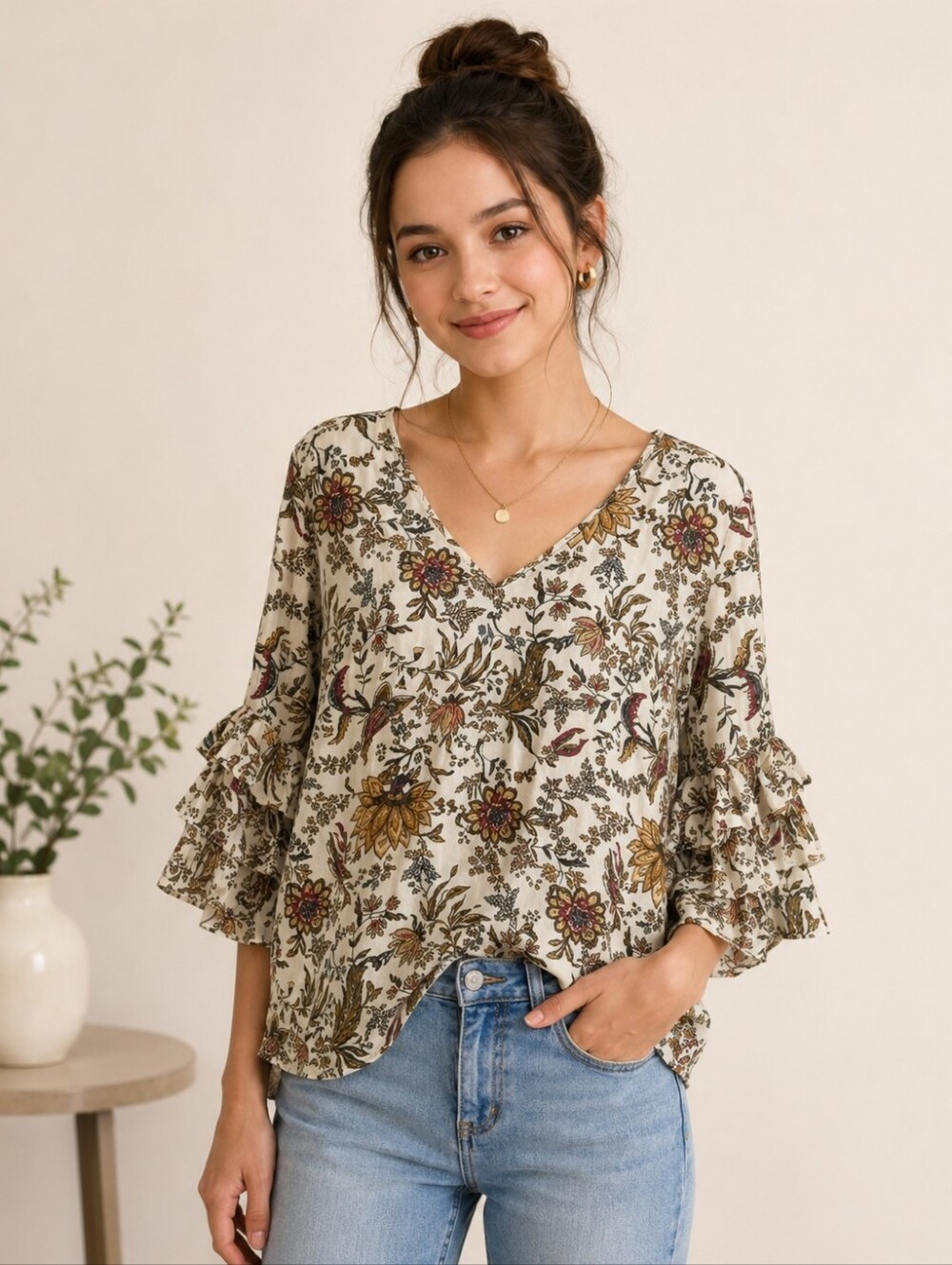 Solitaire XL Floral Boho Blouse Tiered Bell Sleeve Peasant Top Cottagecore
